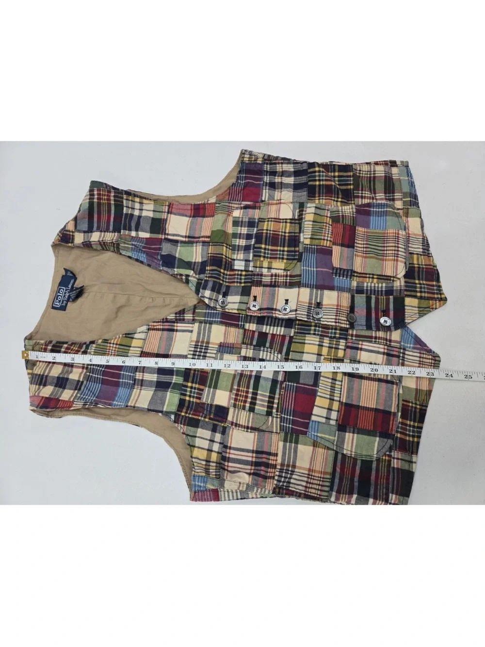 Polo Ralph Lauren India Madras Plaid Patchwork Vest Cinch Back Size L Mens - Picture 9 of 10